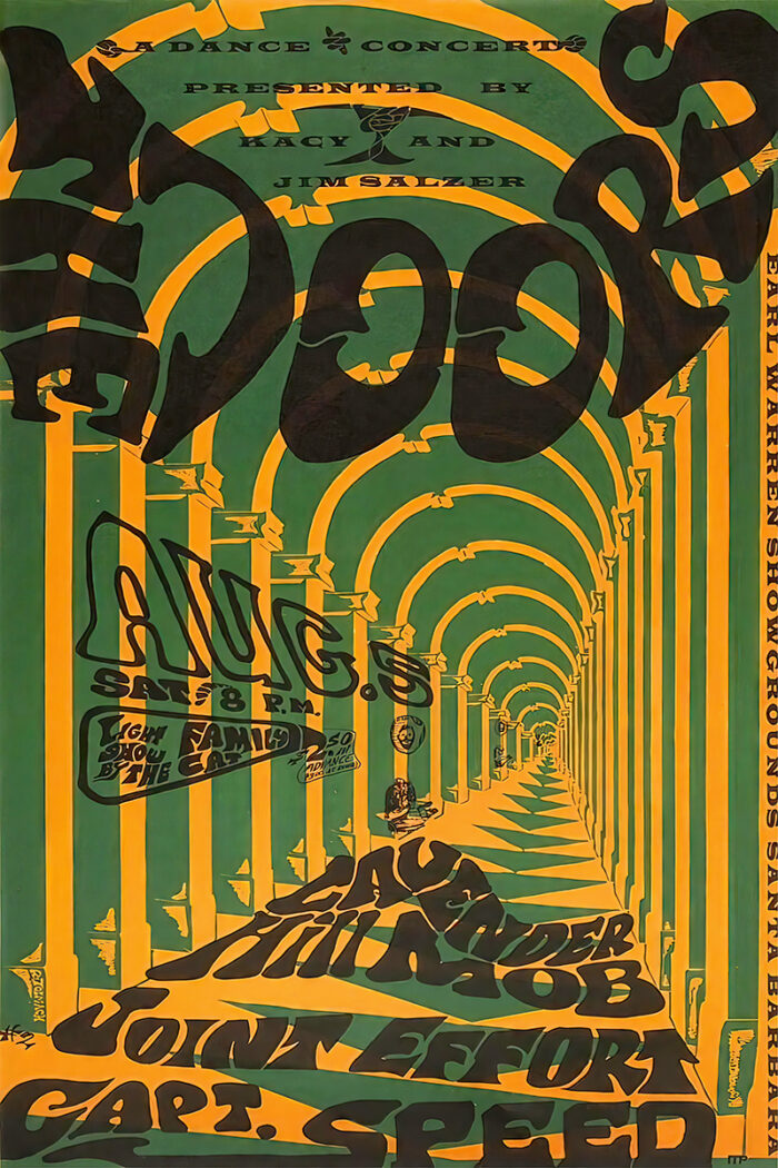 product-image Psychedelic Santa Barbara Concert poster for The Doors, featuring yellow and green arches with event details in wavy black text. A1 to A4 poster print.