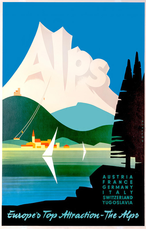 Vintage travel poster featuring The Alps, a charming lakeside village, and a list of countries—Austria, France, Germany, Italy, Switzerland, Yugoslavia—inviting you to discover Europe’s top attraction. Poster print available in A1 to A4 sizes.