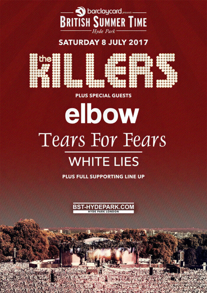 product-image Concert Poster for British Summer Time Hyde Park London 2017 featuring The Killers, Elbow, Tears For Fears, and White Lies on July 8, with a vibrant crowd image at the bottom. A1 to A4 poster print.