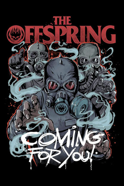 Three figures in gas masks reach forward through smoke, with The Offspring in red above and Coming For You! in white graffiti-style text at the bottom, creating a striking Music Poster vibe. A1 to A4 poster print.