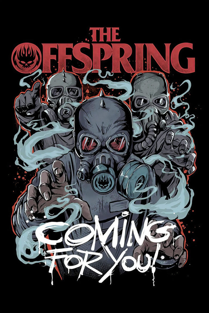 product-image Three figures in gas masks reach forward through smoke, with The Offspring in red above and Coming For You! in white graffiti-style text at the bottom, creating a striking Music Poster vibe. A1 to A4 poster print.
