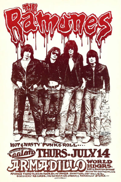 Black and white photo of The Ramones band members with bold red text on a concert poster promoting their punk rock show at Armadillo World Headquarters on Thursday, July 14. A1 to A4 poster print.
