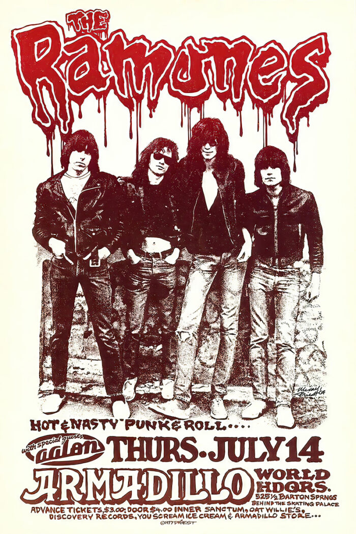 product-image Black and white photo of The Ramones band members with bold red text on a concert poster promoting their punk rock show at Armadillo World Headquarters on Thursday, July 14. A1 to A4 poster print.