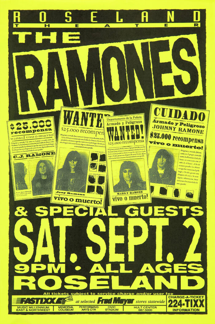 product-image Neon yellow concert poster for The Ramones and special guests at Roseland Theatre on Saturday, September 2 at 9 PM, featuring wanted-style images of band members. A1 to A4 poster print.