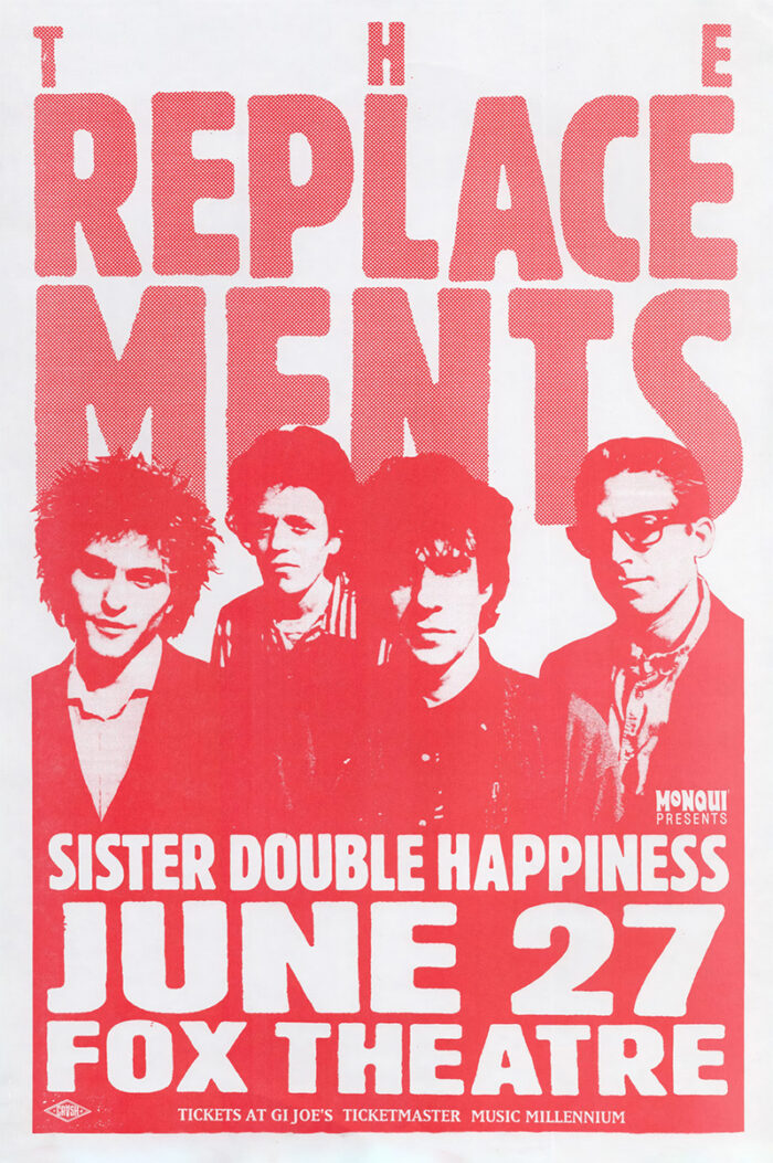 product-image A vibrant concert poster for The Replacements and Sister Double Happiness at the Fox Theatre on June 27. Four band members appear in red and white, with ticket info detailed at the bottom. A1 to A4 poster print.