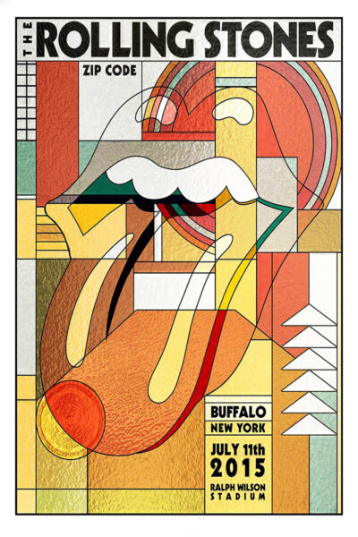 Abstract geometric poster for the Rolling Stones ZIP CODE tour, featuring a stylized tongue logo and concert details for Buffalo, New York on July 11th, 2015 at Ralph Wilson Stadium. A1 to A4 poster print.