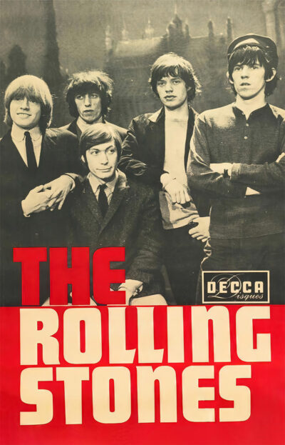 Black and white photo Music Poster of Rolling Stones band members posing together above a red banner with their name and the Decca Disques logo. A1 to A4 poster print.
