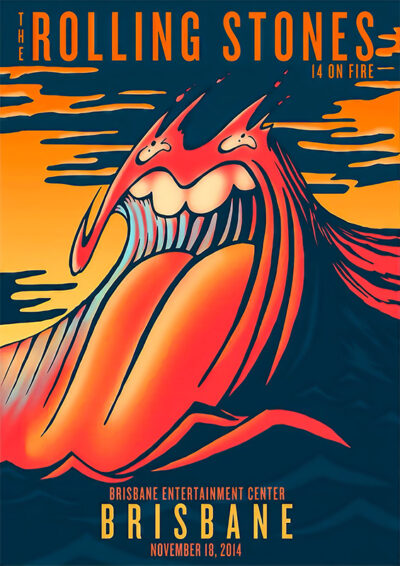 Poster for The Rolling Stones’ 14 On Fire tour features a stylized red tongue as a wave; Brisbane 2014 concert date and venue: Brisbane Entertainment Centre, November 18, 2014. A1 to A4 poster print.