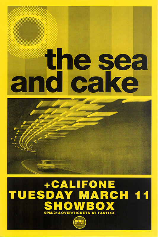 product-image Yellow and black Showbox Concert Poster for The Sea and Cake with Califone on Tuesday, March 11; features a blurry car in a tunnel with event details at the bottom. A1 to A4 poster print.