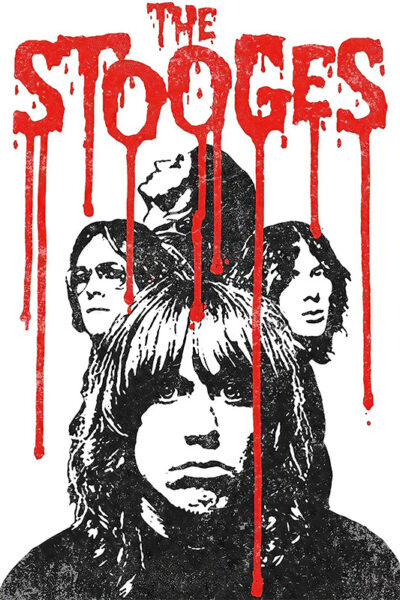 Black and white illustration of four men’s faces with The Stooges in large, red, dripping letters above them—a striking Stooges Poster perfect for any music poster collection. A1 to A4 poster print.