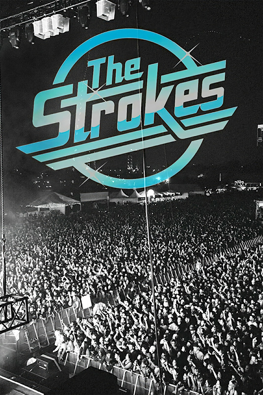 product-image A large crowd at a concert with The Strokes band logo boldly superimposed, capturing the energy of a vibrant Concert Poster. A1 to A4 poster print.