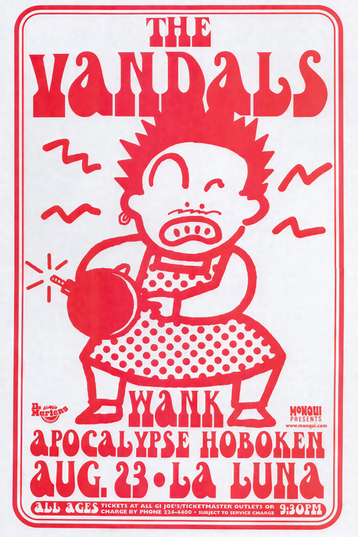 product-image Red and white concert poster for The Vandals at La Luna, featuring a cartoon of an angry person holding a bomb. Event on August 23, 9:30 PM, with Wank and Apocalypse Hoboken supporting. A1 to A4 poster print.