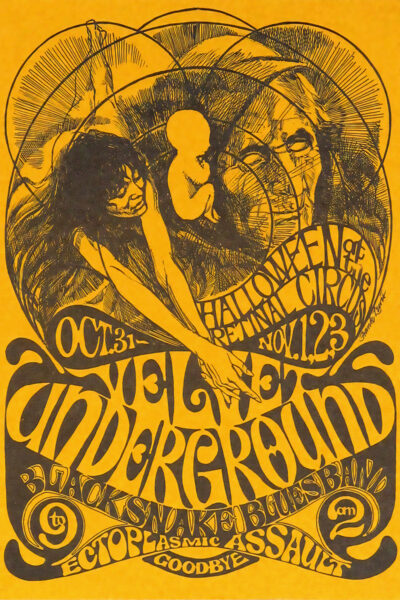 Psychedelic Retinal Circus Concert Poster with vibrant illustrations and text promotes a Velvet Underground Halloween show, October 31–November 2, featuring supporting acts. A1 to A4 poster print.