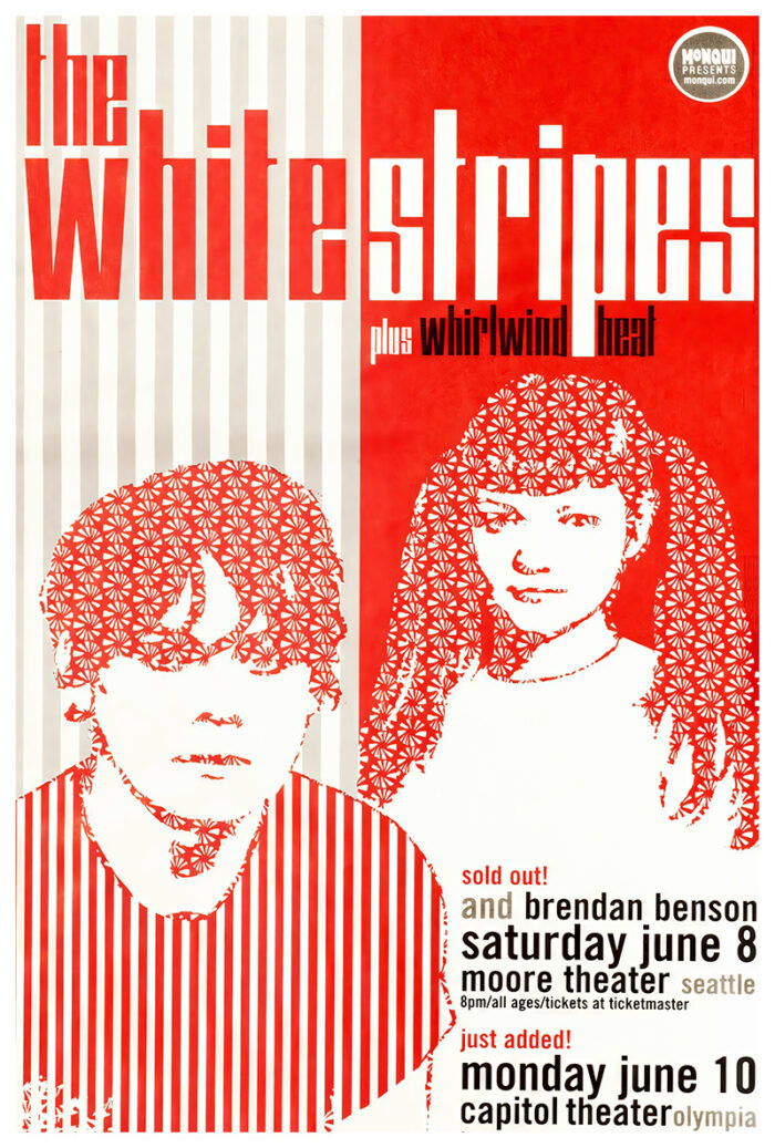 A red and white concert poster for The White Stripes, featuring stylized portraits, bold event dates, venue details, and a special guest appearance by Whirlwind Heat. A1 to A4 poster print.