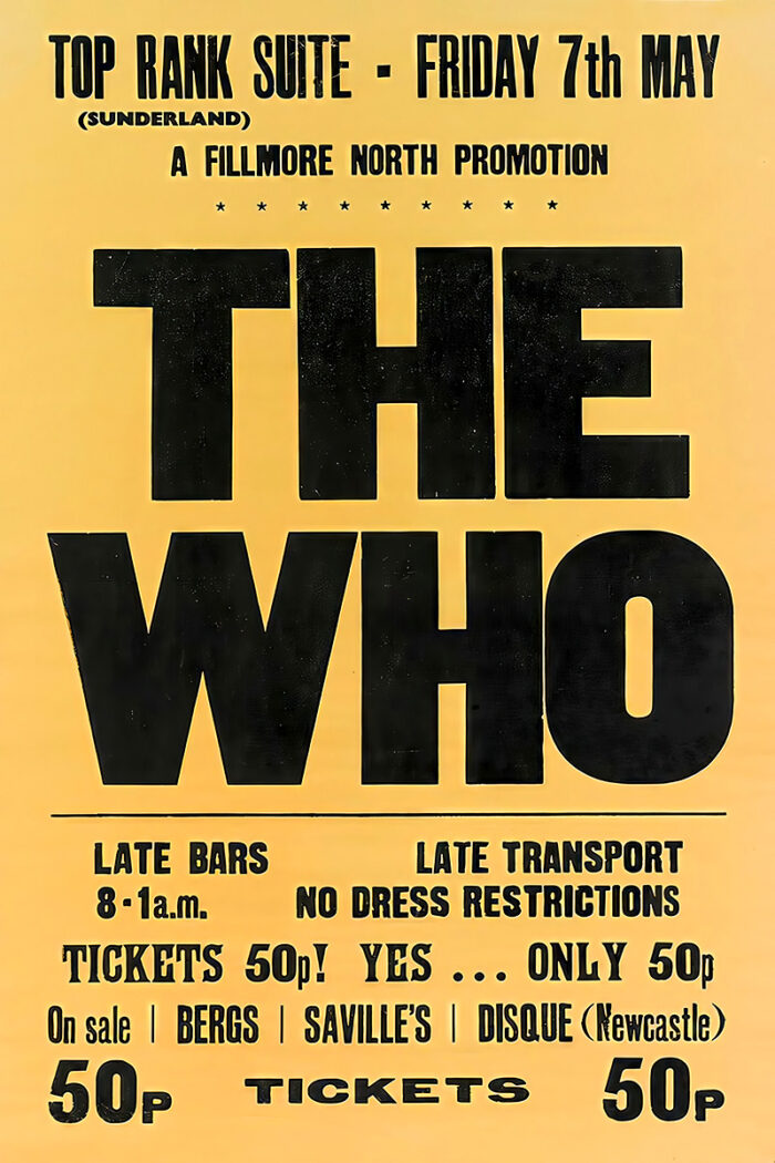 product-image Vibrant yellow Sunderland Concert Poster for The Who, advertising their show on Friday, May 7th at Top Rank Suite. Tickets are 50p, with late bars and transport available. A1 to A4 poster print.