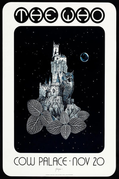 A vibrant concert poster for The Who at Cow Palace, showcasing a castle, a large cat, leaves, and a distant planet set against a starry black sky. Text highlights “COW PALACE · NOV 20”. A1 to A4 poster print.