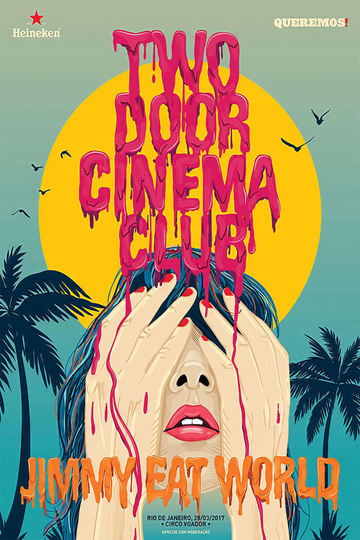 product-image Poster featuring a person covering their face with both hands, melting text reading Two Door Cinema Club and Jimmy Eat World, palm trees, and a large yellow sun in the background—an electrifying Rio De Janeiro Concert vibe. A1 to A4 poster print.