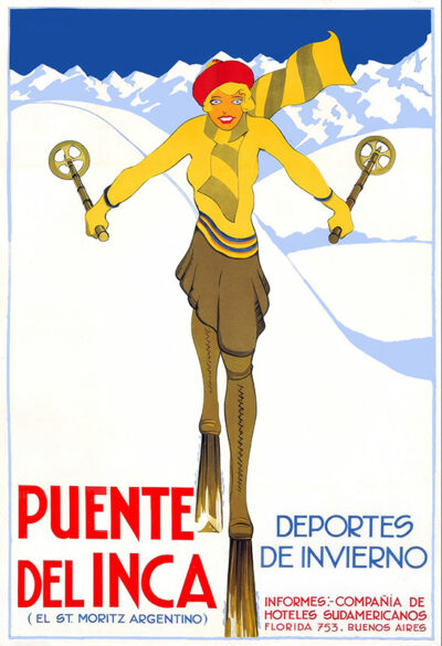 Vintage travel poster of a woman skiing with poles, wearing a red hat and yellow scarf, promoting winter sports at Puente del Inca, Argentina, with majestic mountains in the background. Poster print available in A1 to A4 sizes.