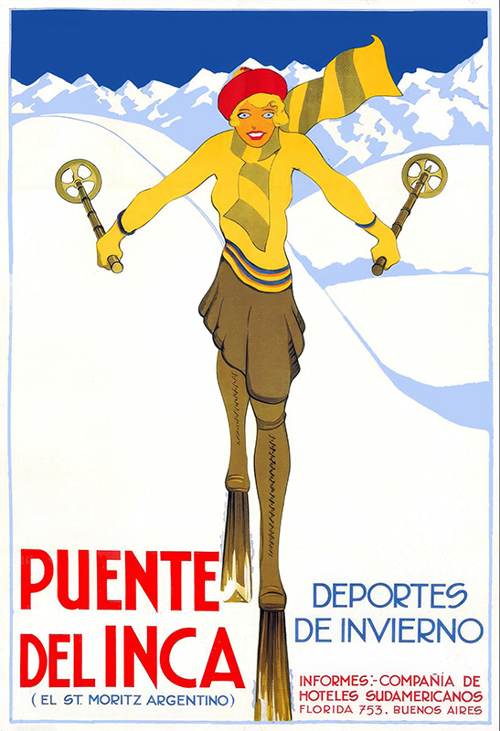 product-image Vintage travel poster of a woman skiing with poles, wearing a red hat and yellow scarf, promoting winter sports at Puente del Inca, Argentina, with majestic mountains in the background. Poster print available in A1 to A4 sizes.