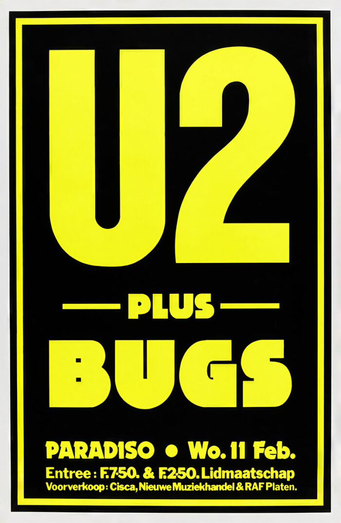 product-image A black and yellow Paradiso Concert poster for U2 and Bugs performing on Wednesday, February 11. Ticket prices and presale locations are listed at the bottom. A1 to A4 poster print.
