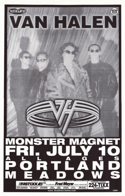 Black and white Portland Meadows concert poster for Van Halen with special guest Monster Magnet, scheduled for July 10. A1 to A4 poster print.