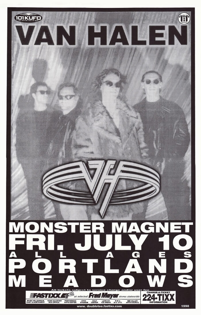 product-image Black and white Portland Meadows concert poster for Van Halen with special guest Monster Magnet, scheduled for July 10. A1 to A4 poster print.