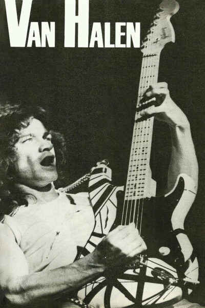 Black and white music poster featuring a guitarist playing an electric guitar with bold diagonal stripes, with Van Halen text above. A1 to A4 poster print.
