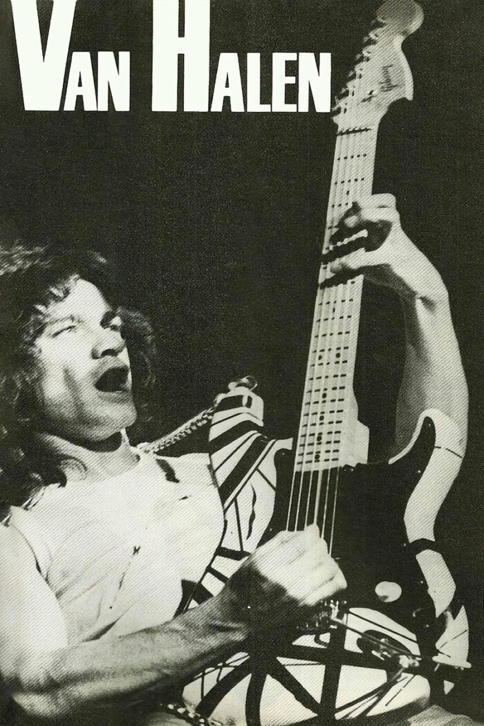 product-image Black and white music poster featuring a guitarist playing an electric guitar with bold diagonal stripes, with Van Halen text above. A1 to A4 poster print.