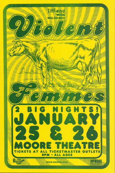 Concert Poster featuring a psychedelic yellow-green background, illustration of a cow, and text promoting Violent Femmes concerts on January 25 & 26 at Moore Theatre. Tickets available via Ticketmaster. A1 to A4 poster print.