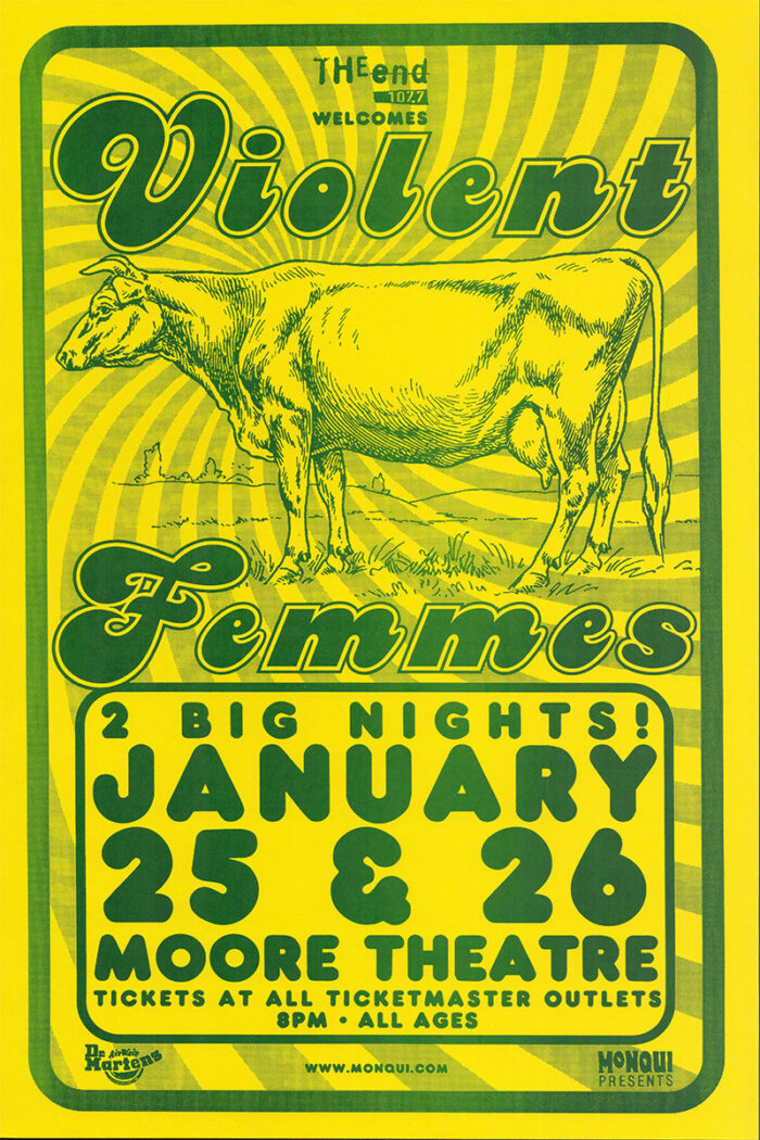 Concert Poster featuring a psychedelic yellow-green background, illustration of a cow, and text promoting Violent Femmes concerts on January 25 & 26 at Moore Theatre. Tickets available via Ticketmaster. A1 to A4 poster print.