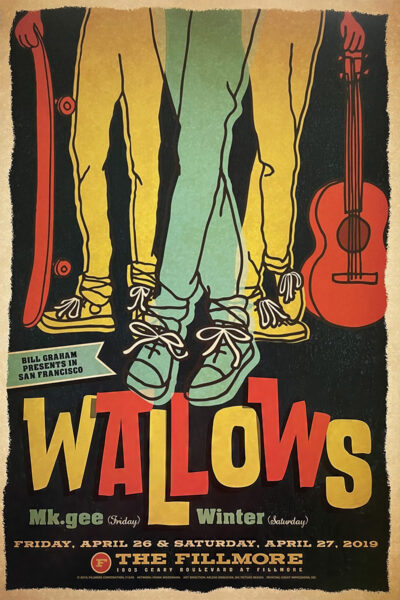 Illustrated Concert Poster for Wallows at Fillmore San Francisco, April 26–27, 2019, featuring legs, sneakers, a guitar, and event details. A1 to A4 poster print.