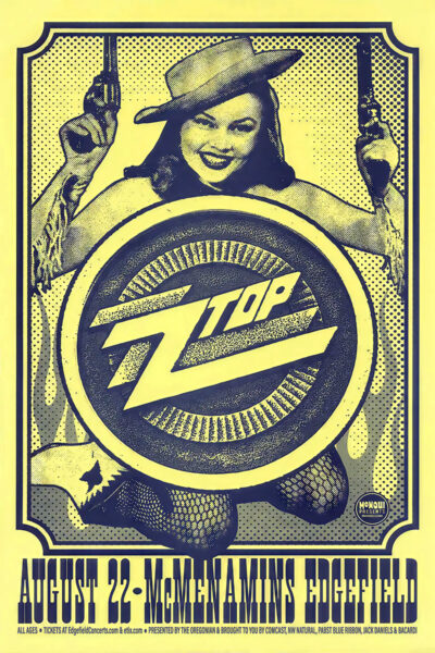 A woman in vintage attire holds pistols and a ZZ Top shield on a vibrant concert poster for the August 22 event at McMenamins Edgefield. A1 to A4 poster print.