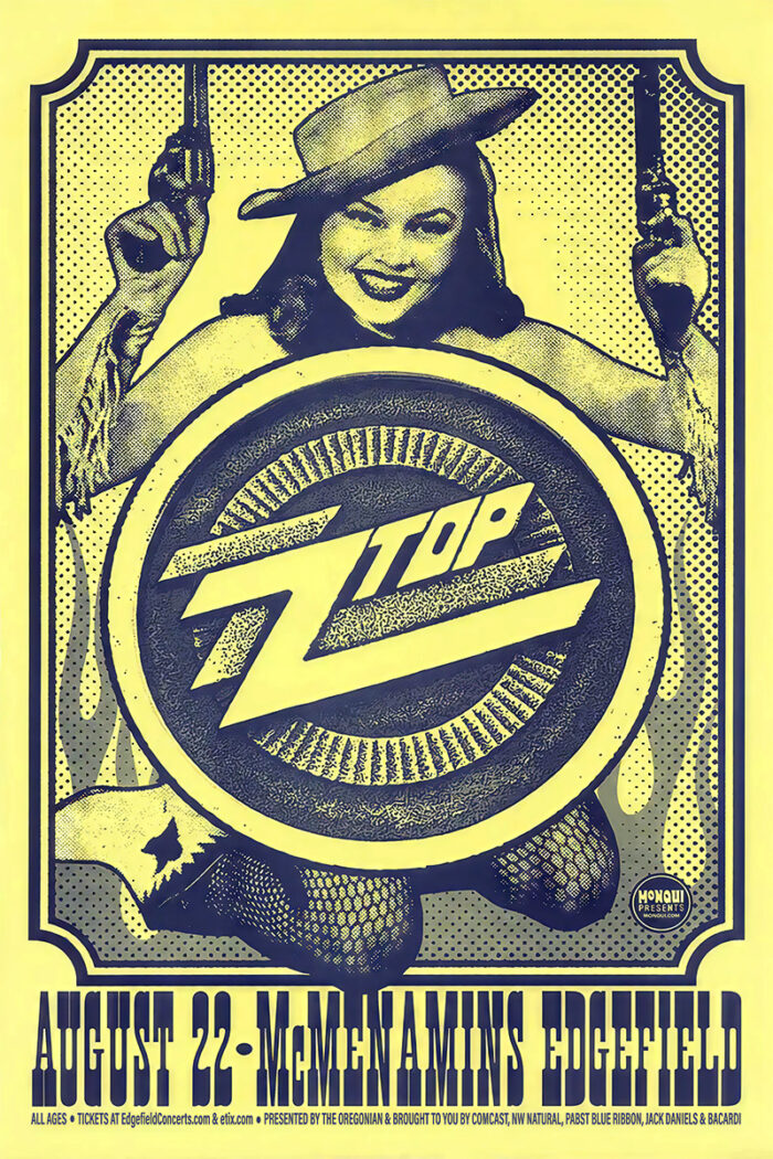 product image A woman in vintage attire holds pistols and a ZZ Top shield on a vibrant concert poster for the August 22 event at McMenamins Edgefield. A1 to A4 poster print.