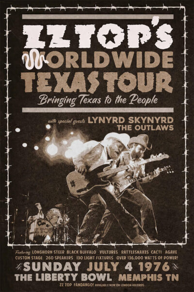 Poster advertising ZZ Top’s Worldwide Texas Tour with special guests Lynyrd Skynyrd and The Outlaws at The Liberty Bowl, Memphis Tennessee 1976, on July 4. A1 to A4 poster print.