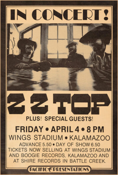 Black and white 1975 concert poster for a ZZ Top Kalamazoo concert with special guests, Friday, April 4 at 8 PM at Wings Stadium. Ticket information is listed at the bottom. A1 to A4 poster print.