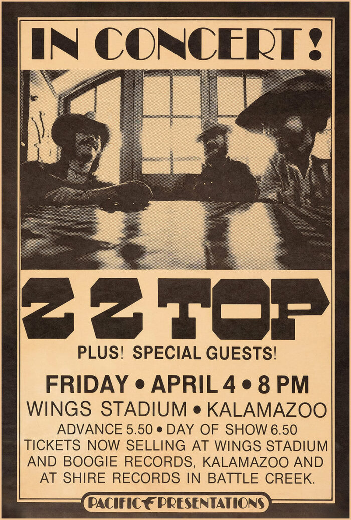 product image Black and white 1975 concert poster for a ZZ Top Kalamazoo concert with special guests, Friday, April 4 at 8 PM at Wings Stadium. Ticket information is listed at the bottom. A1 to A4 poster print.