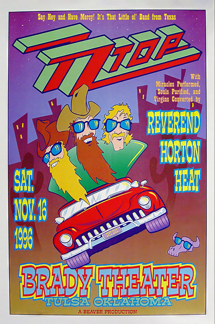 Colourful concert poster for ZZ Top and Reverend Horton Heat at Brady Theatre, Tulsa, Oklahoma, on November 16, 1996, featuring cartoon band members in sunglasses riding in a red car. A1 to A4 poster print.
