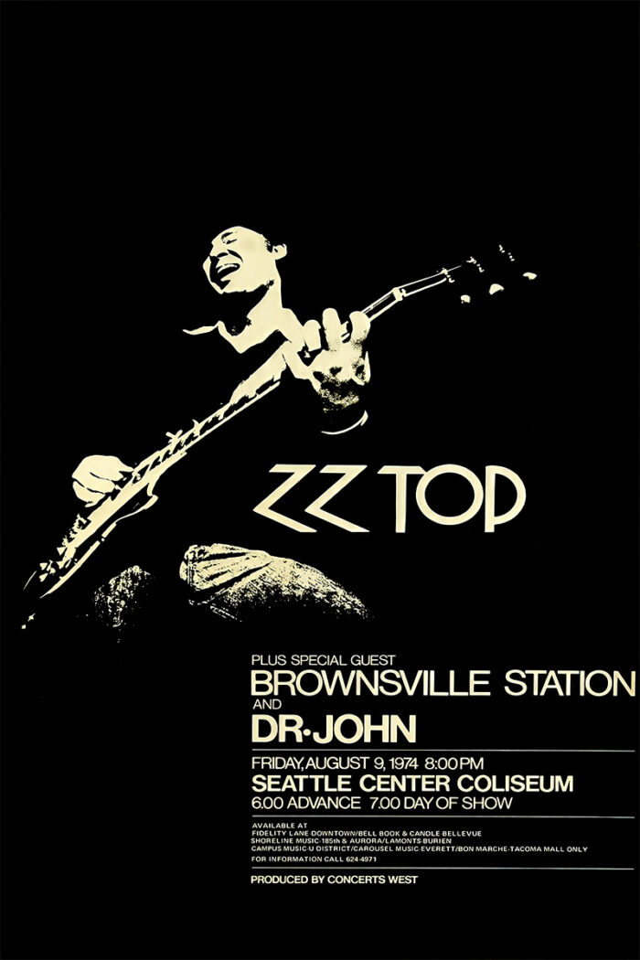 product image Black and white concert poster featuring a guitarist and bold text promoting the ZZ Top Seattle 1974 concert with Brownsville Station and Dr. John at Seattle Centre Coliseum on August 9. A1 to A4 poster print.