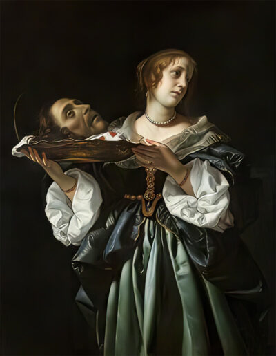 A woman in Renaissance-style clothing holds a platter with a severed male head, referencing themes of feasting in European Art History, set against a dark background. A1 to A4 poster print.