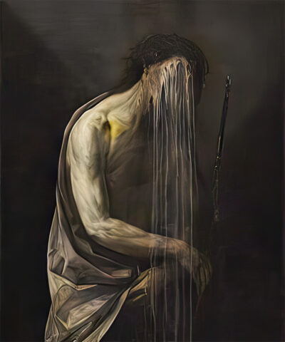 A figure draped in a white cloth stands against a dark background; the head is distorted, appearing to melt or drip downward in the haunting style of Nicola Samorì, evoking echoes of destroyed Baroque paintings. A1 to A4 poster print.