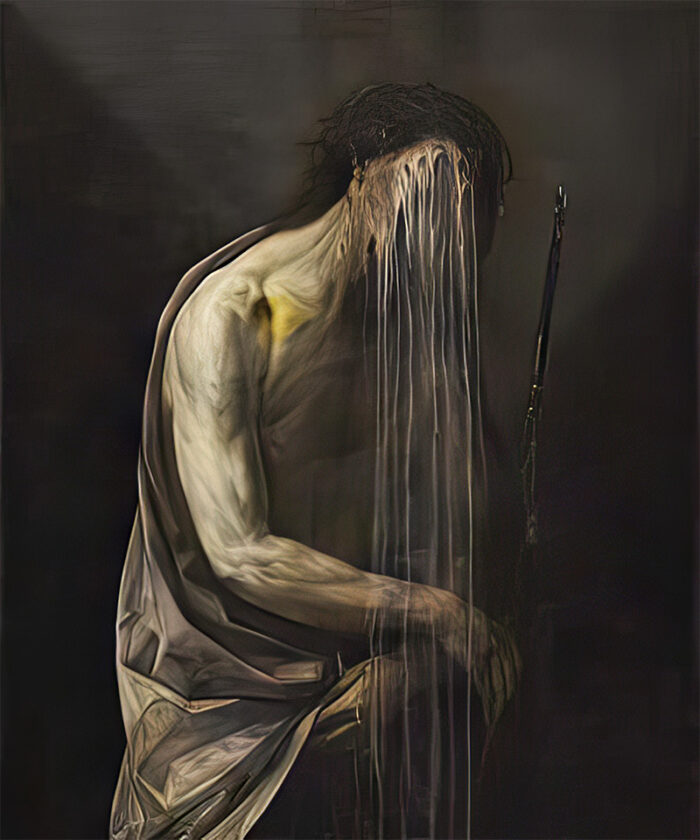 product-image A figure draped in a white cloth stands against a dark background; the head is distorted, appearing to melt or drip downward in the haunting style of Nicola Samorì, evoking echoes of destroyed Baroque paintings. A1 to A4 poster print.