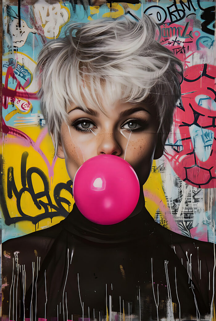 product-image A Bubblegum Girl with short, platinum blonde hair blows a pink bubblegum bubble in front of a colourful graffiti-covered wall, capturing the bold vibe of a Pop Art Poster. A1 to A4 poster print.