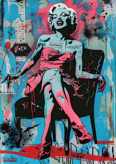 Pop Art-style poster featuring Marilyn Monroe in a pink dress on a black chair, set against a backdrop of paint splatters, text labels, and torn newspaper fragments. A1 to A4 poster print.