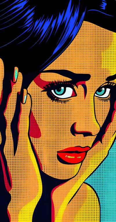 Pop Art Poster featuring a blasé woman’s face with bright colours, bold outlines, dotted shading, and her hands touching her cheeks. A1 to A4 poster print.