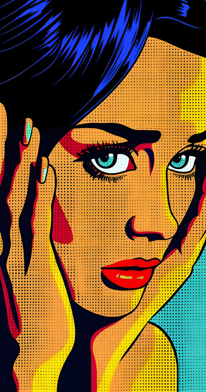 product-image Pop Art Poster featuring a blasé woman’s face with bright colours, bold outlines, dotted shading, and her hands touching her cheeks. A1 to A4 poster print.