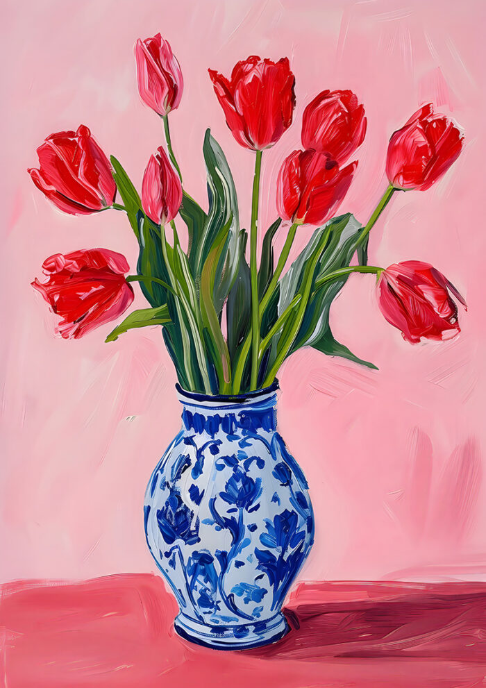 product-image A vase of flowers featuring red tulips sits on a pink surface against a pink background, captured in the style of maximalist art. The blue and white ceramic vase adds elegance to this striking painting. A1 to A4 poster print.