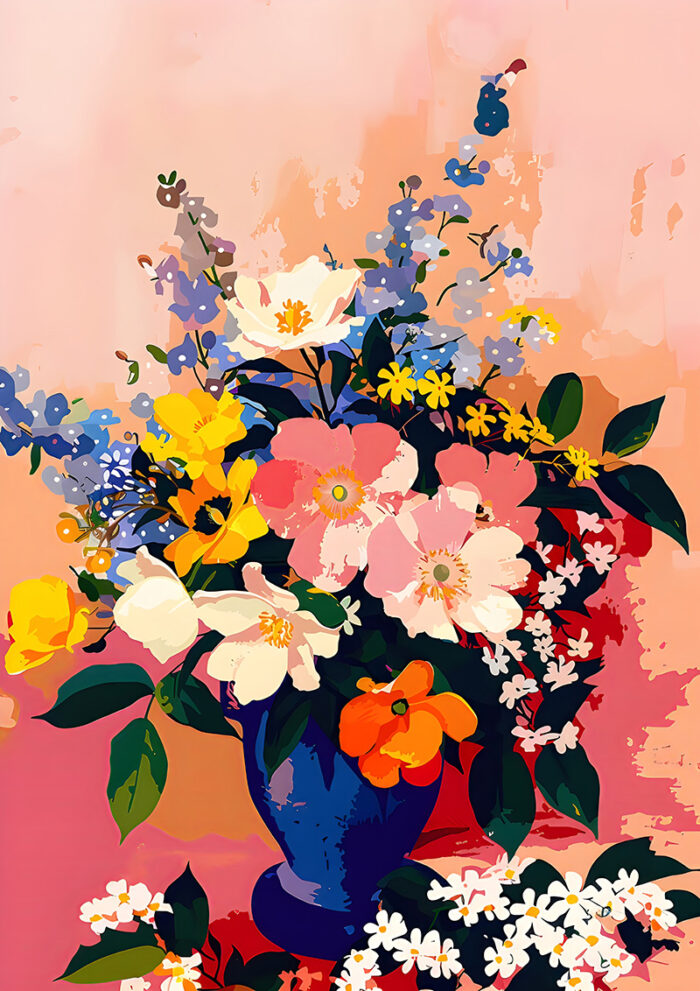 product-image A vibrant painting of a colourful bouquet, with pink, yellow, white, and orange blooms in a blue vase against a pink background—perfect for lovers of maximalist art. A1 to A4 poster print.