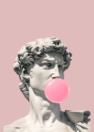 Marble Statue of David with curly hair blows a large bubblegum bubble in front of a solid light pink background, creating a playful and modern poster vibe. A1 to A4 poster print.
