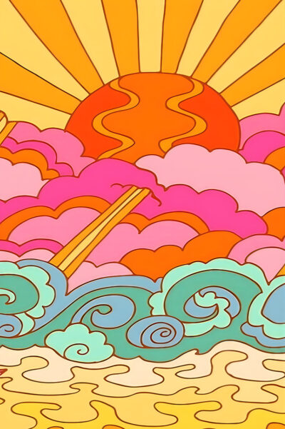 A stylized illustration of a sun rising above pink clouds with swirling blue waves below, using bold outlines and vibrant colours in a groovy maximalist style inspired by psychedelic art. A1 to A4 poster print.