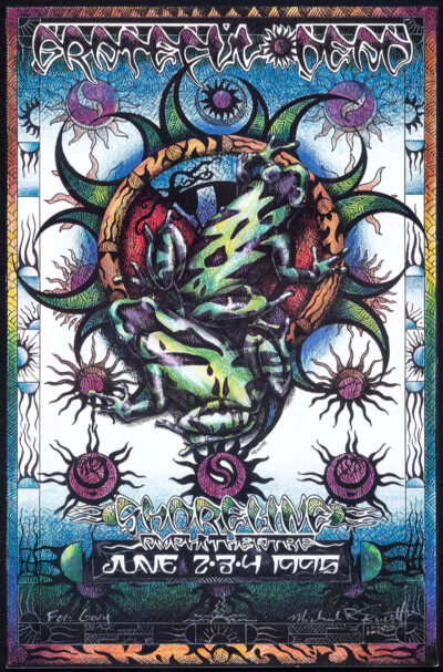 Colourful psychedelic music poster for a Grateful Dead concert at Shoreline Amphitheatre on June 2-4, 1995, featuring abstract art, skeleton imagery, and handwritten text. A1 to A4 print sizes.